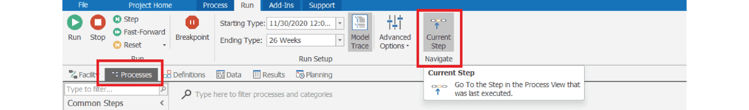 Picture of Simio software, highlighting "Current Step" and "Processes"