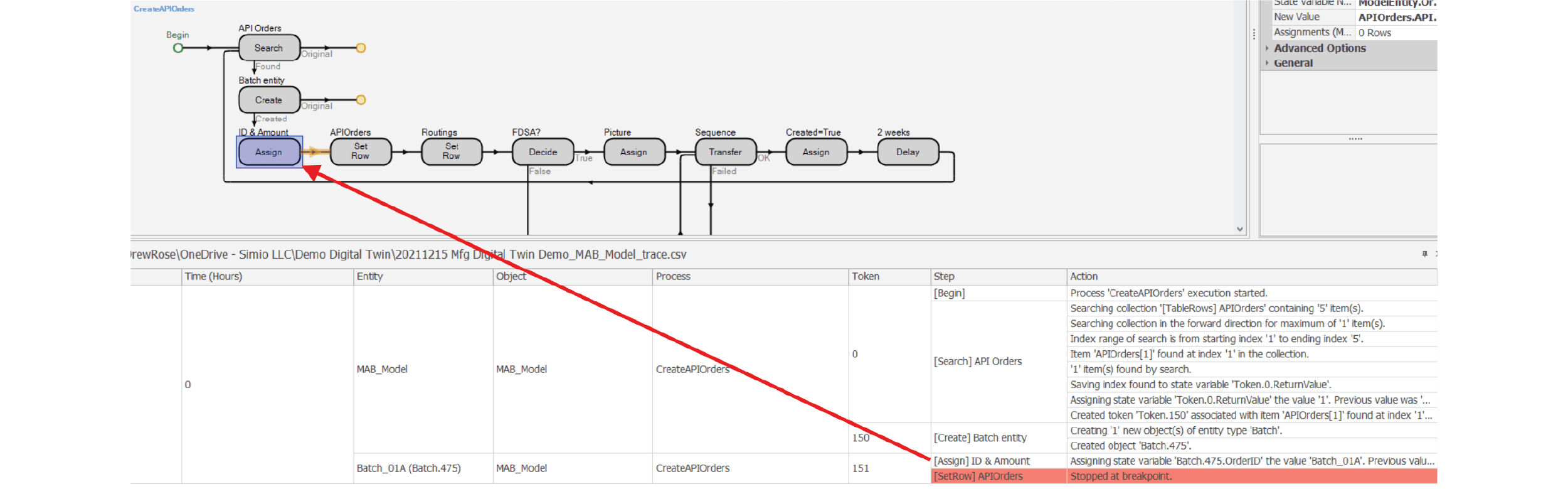 Picture of Simio software, highlighting [SetRow] APIOrders with an arrow pointing to "Assign"